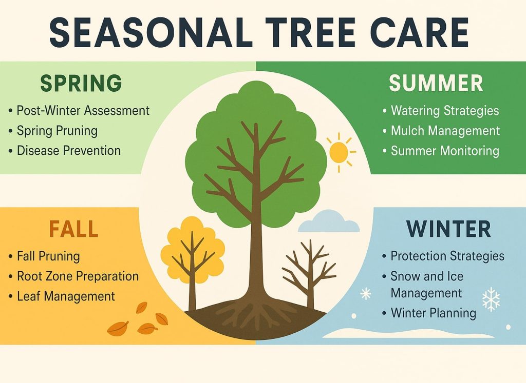 Infographic titled "Seasonal Tree Care" divided into four color-coded sections for Spring, Summer, Fall, and Winter. Each section features a seasonal tree illustration and simple care tips like pruning, watering, mulching, and protecting from snow. A large central tree visually connects all seasons.