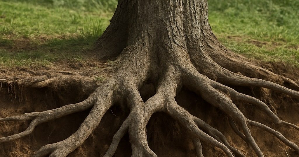 Exposed tree roots near a home foundation showing soil erosion and landscaping challenges