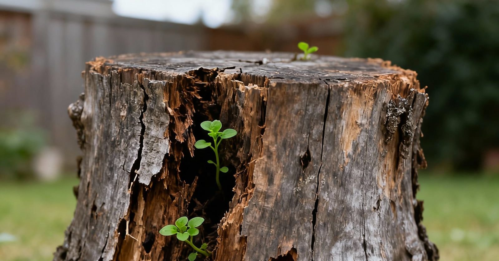 Old decaying tree stump in a backyard showing signs of rot, sprouts, and mushrooms.