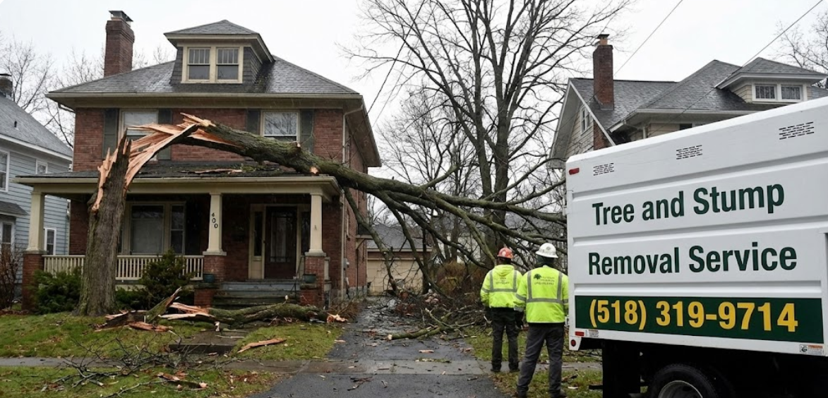 Storm-damaged tree on an Albany property needing emergency removal