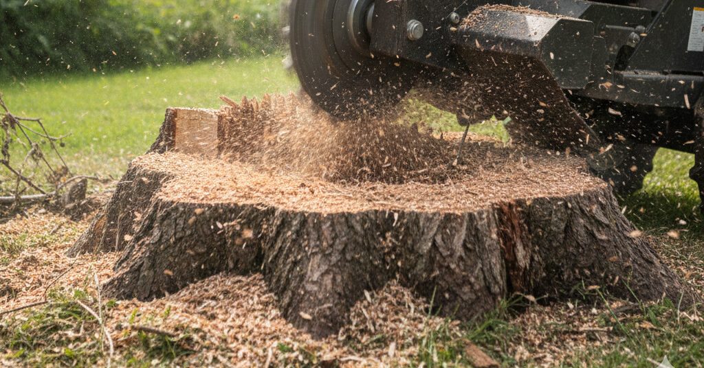Arborist leveling soil after stump grinding to support new grass growth