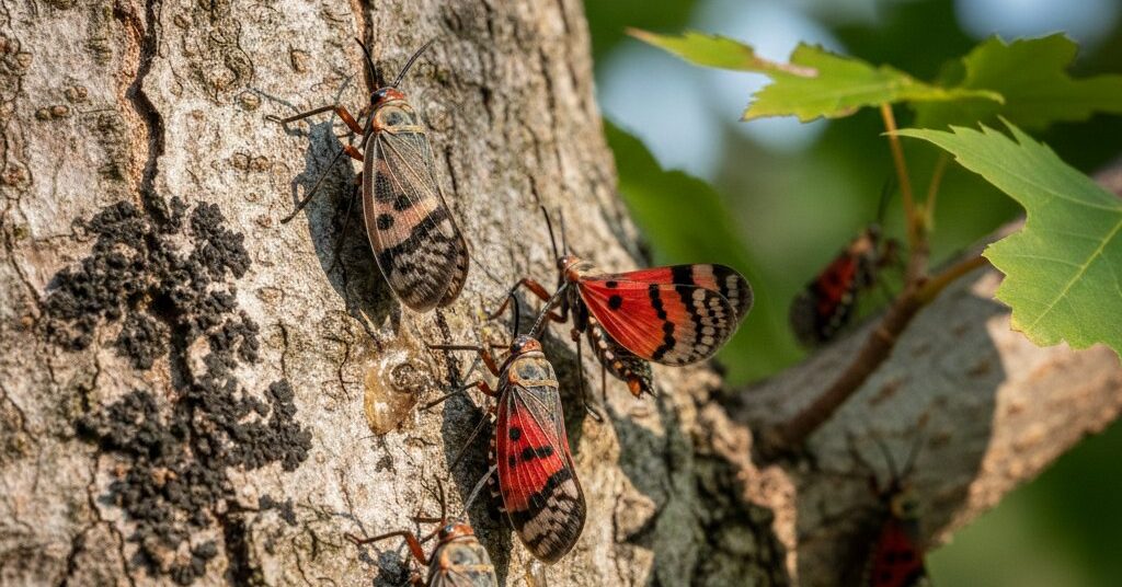 "A close-up, high-detail photograph of several invasive Spotted Lanternflies resting on the textured bark of a tree."